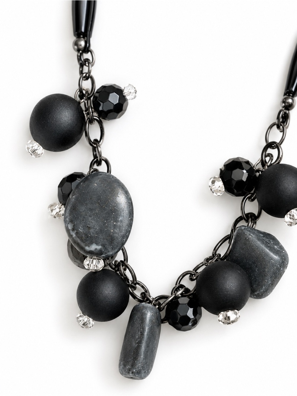 Double Strand Gray Black Beaded Statement Necklace Modern Artisan Boho Chic - Picture 6 of 7